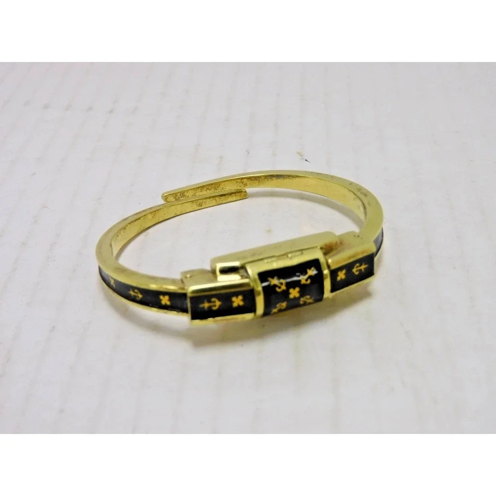 Vtg Swiss Hidden Face Watch Bangle Bracelet Black Enamel Gold Tone JC245